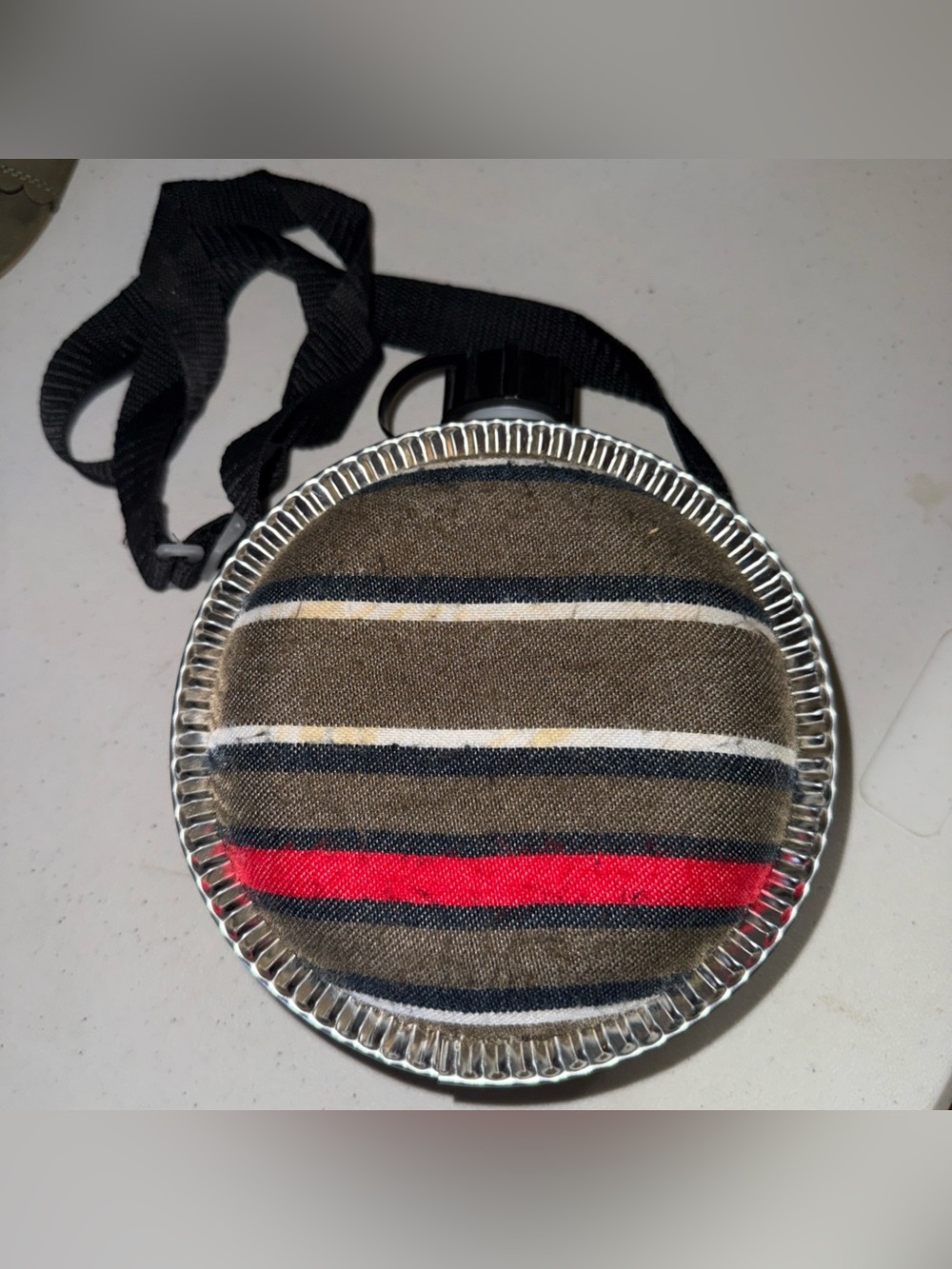 Striped Round Canvas Canteen Bag - Brown/Red